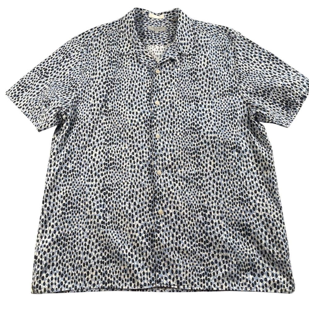 Ted Baker Camp Shirt Mens 4 Blue Retro Dot 100% Cotton Button Front Ringham